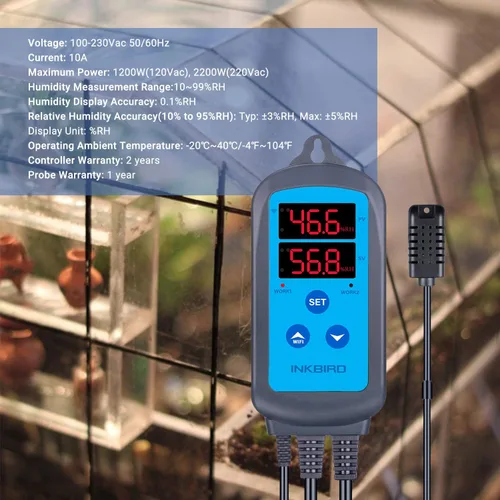Miniatura 7 de Inkbird Controlador de humedad digital Wi-Fi IHC-200, enchufe doble precableado, humidistato para cultivo de hongos, curado de carne, reptiles