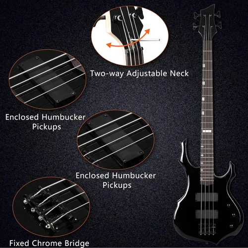 Miniatura 4 de Ktaxon Juego de bajo eléctrico de tamaño completo con diseño de llama con amplificador de 20 W, bolsa de bajo portátil, cable de amplificador Negro