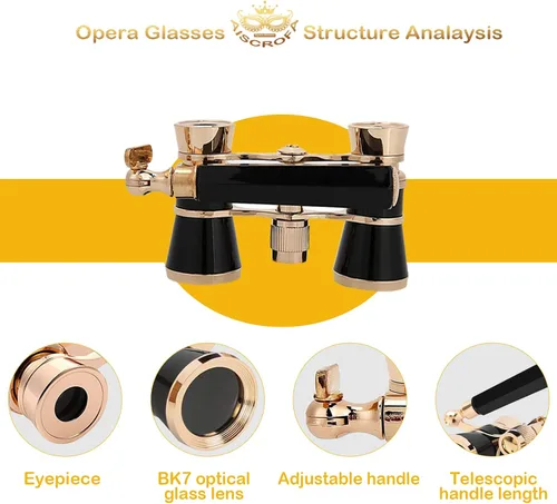 Miniatura 2 de Gafas de ópera, prismáticos de teatro 3X25 con mango plegable y extensible, mini binoculares compactos y ligeros, gafas de teatro portátiles