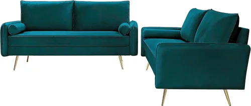 Miniatura 6 de Container Furniture Direct Juego de sofá de terciopelo inspirado en Chesterfield de 2 piezas con patas oblicuas de metal dorado, azul verdoso