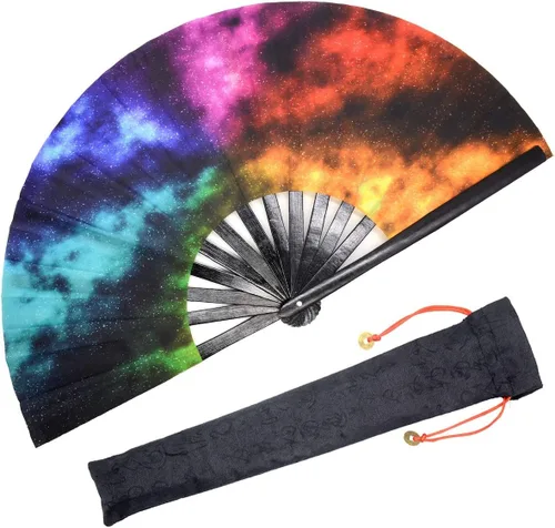 Miniatura 15 de OMyTea Ventilador de mano plegable grande Rave Clack para hombres y mujeres, ventilador de mano de bambú chino japonés - para EDM, festival de Aurora
