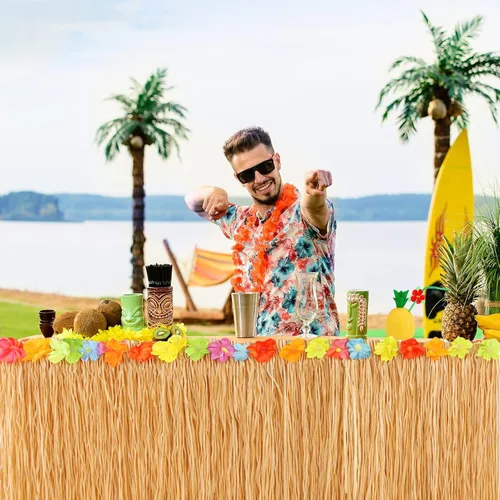 Miniatura 4 de GiftExpress Falda de mesa de hierba Luau de 9 pies x 29.5 pulgadas, falda de fiesta temática hawaiana con decoración de flores de hibisco, telón