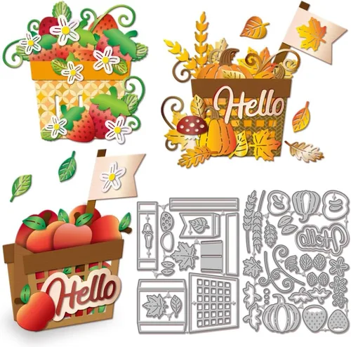 GLOBLELAND Troqueles de corte de caja de Acción de Gracias 3D de otoño, troqueles de manzanas de fresa de metal, plantillas de estampado de corte de