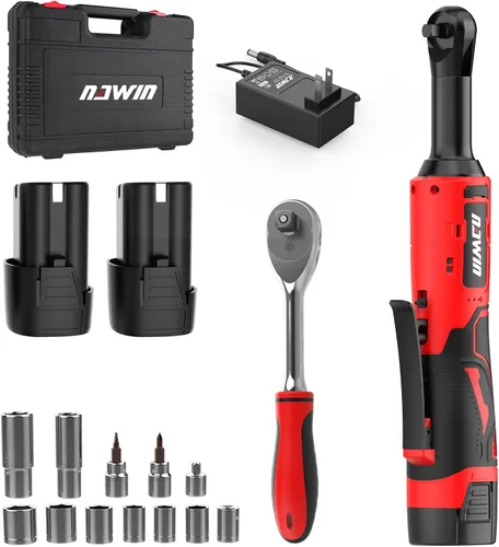 NAWIN Llave de trinquete eléctrica de 16.8V, trinquete inalámbrico de 3/8" con 2 baterías, 40 pies-libras, juego de herramientas mecánico