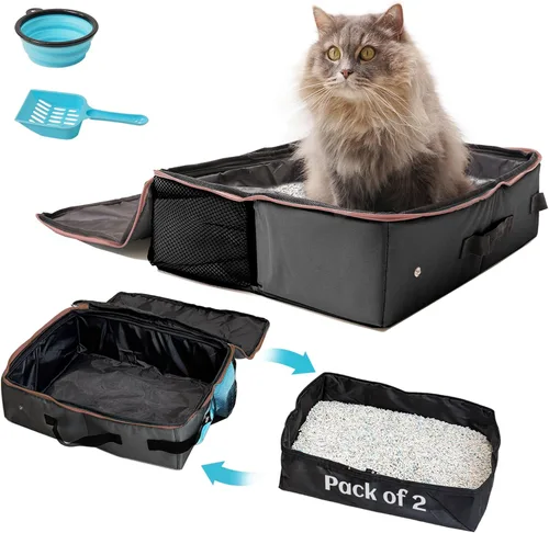 PETKARAY Caja de arena portátil de viaje con 2 forros de repuesto, plegable con tapa con cremallera, a prueba de fugas y control de olores para Negro