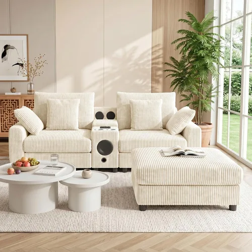 Miniatura 8 de MAKIAAP Sofá modular de pana de 83 pulgadas con altavoces, cómodo sofá biplaza de asiento profundo con otomana móvil, consola, cargador USB, Beige