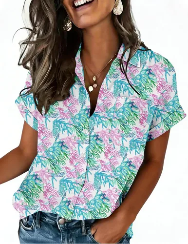 Miniatura 8 de Zeagoo Camisa de manga corta con botones para mujer, cuello en V, elegante, casual, para negocios, trabajo, con bolsillo, S-XXL