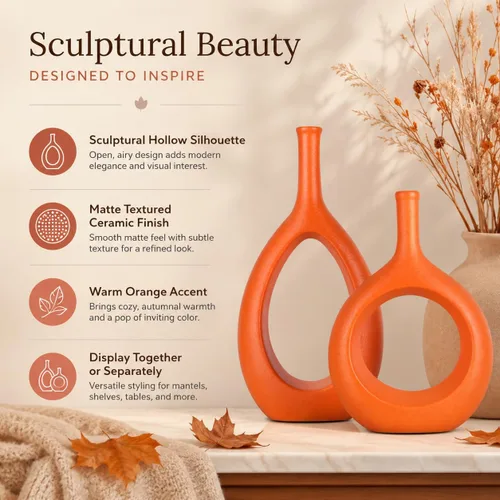 Miniatura 4 de Juego de 2 jarrones de cerámica naranja, modernos jarrones huecos circulares con agujero para flores, para decoración del hogar, para centros