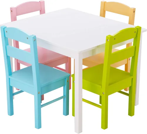 Miniatura 12 de Costzon - Juego de mesa y silla para niños, 5 piezas de mesa de actividades de madera y sillas para manualidades, tareas escolares, hora del Multi