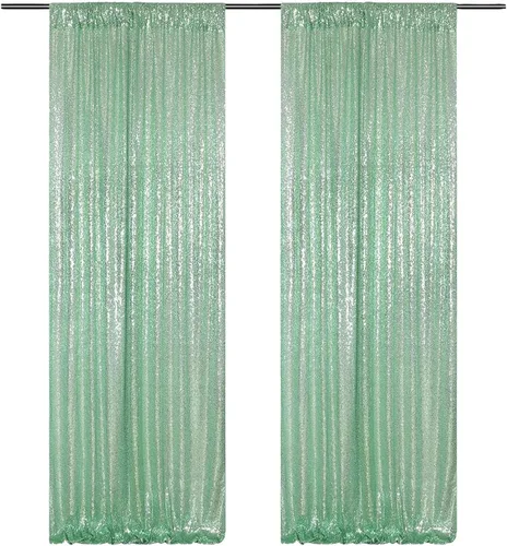 Poise3EHome Cortina de telón de fondo de lentejuelas verde menta, 2 paneles, 2 x 8 pies, poliéster, para decoración de fiestas y bodas