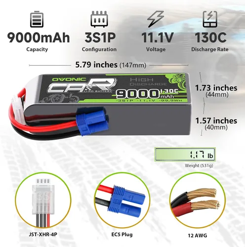 Miniatura 2 de OVONIC 3S LiPo Batería 9000mAh 11.1V 130C RC Batería con conector EC5 (paquete de 2)