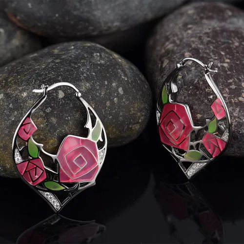 Miniatura 3 de Santuzza Aretes de aro de plata de ley 925 hechos a mano con flores esmaltadas Plata de ley Esmalte Circonia cúbica