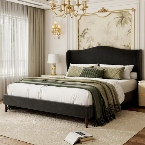Miniatura 9 de Base de cama tapizada tamaño Queen, cabecera de tela de felpilla de 51 pulgadas de alto con diseño clásico de respaldo curvado de alas, patas