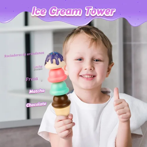 Miniatura 7 de Kasfalci Juguete de carrito de helados, juego de heladería para niños, tienda de comestibles, juguetes de comida de juego de simulación, carrito