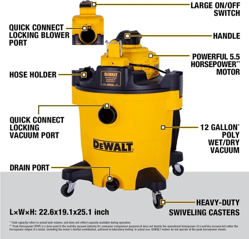 Miniatura 7 de DEWALT Aspiradora de taller húmeda y seca con soplador de hojas desmontable, aspiradora de taller húmeda y seca de 12 galones con bolsa