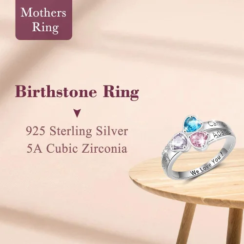 Miniatura 2 de Anillo personalizable de plata fina para mamá, con 3 piedras natales de imitación para la abuela, mamá o algún aniversario significativo