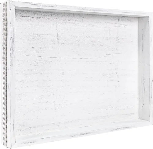 Miniatura 12 de MAONAME Bandeja de Madera para Servir, Bandeja de Madera Estilo Granja con Cuentas, Bandeja Octogonal para Servir Blanca Lavada, Bandeja de Mesa