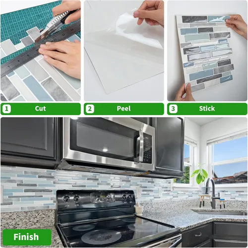 Miniatura 9 de LONGKING Loseta en muro adhesiva para cocina con diseño de mármol (10 azulejos)