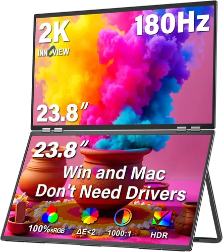 InnoView Monitor portátil dual de 23.8 pulgadas 180Hz 2560 x 1440P 2K 100% sRGB - Diseño plegable y apilable con ajuste de pantalla de 315° y
