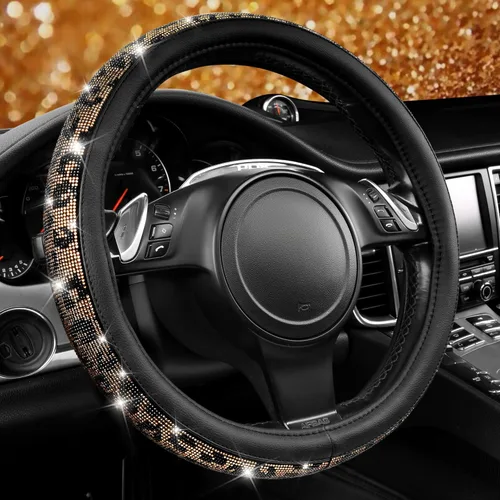 CAR PASS - Funda de volante con diamantes brillantes de imitación y patrón de leopardo, con cristales de imitación brillantes para mujer, color