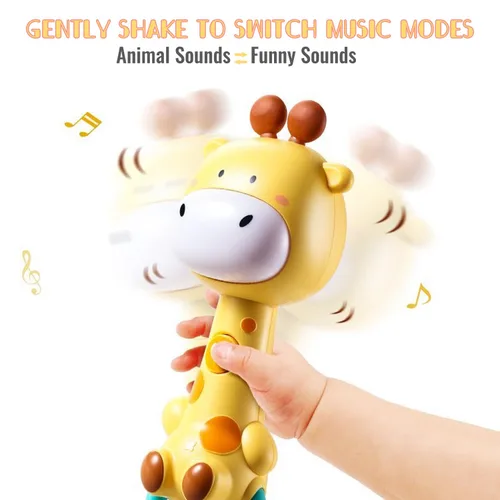 Miniatura 4 de Sonajero musical de jirafa amarilla brillante para bebé, mordedor iluminado y masticable sensorial, goma suave sin BPA, baby shower y regalo