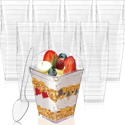 Miniatura 8 de Hiasobre Paquete de 100 vasos de postre de plástico transparente de 5 onzas con tapas y cucharas, tazas cuadradas reutilizables para aperitivos