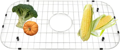 Miniatura 8 de Rejilla para fregadero de cocina 26-1/8"x14-1/4" - Protector de fregadero de cocina resistente con colador integrado y drenaje central, pies de goma