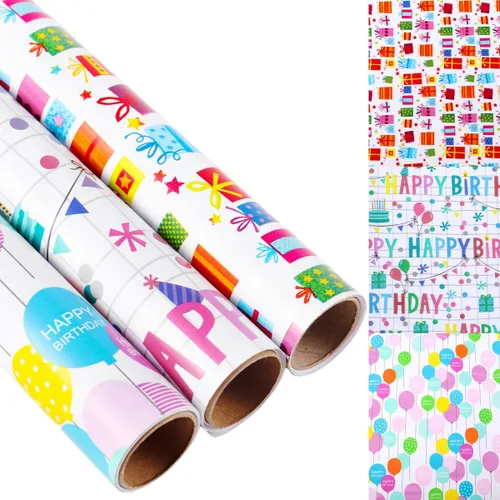 Miniatura 9 de Miss DuiDui Rollo de papel de regalo de feliz cumpleaños, 17 pulgadas x 32.8 pies, texto colorido diseño de feliz cumpleaños, embalaje de regalo