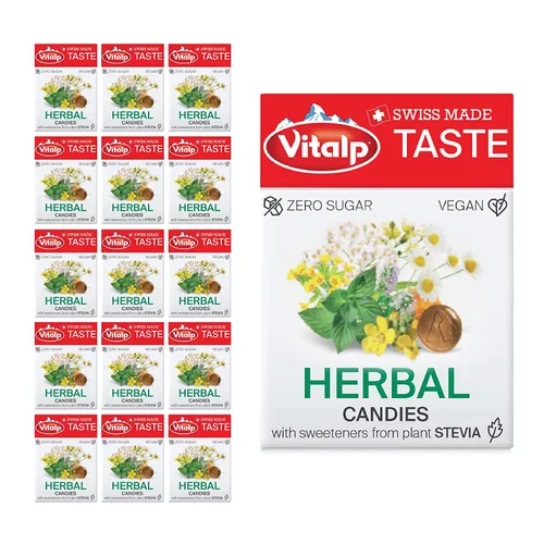 Miniatura 15 de Vitalp Taste, hecho en Suiza, caramelo duro sin azúcar con Stevia, vegano, sabor a caramelo cremoso, paquetes de 25g/0.88 onzas, 16 cajas