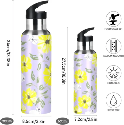 Miniatura 2 de White Yellow Flowers Violet Stainless Steel Water Bottle 32 Oz Leakproof Water Bottles, BPA-Free Sports Water Bottle with Straw