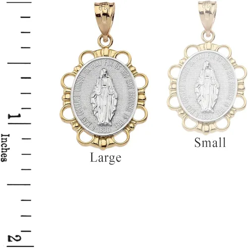 Miniatura 2 de Colgante de medalla de María Virgen de oro de 14 K con dos tonos (grande)