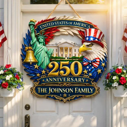 Miniatura 9 de NAZENTI Letrero personalizado para puerta del 4 de julio con nombre familiar, coronas de puerta personalizadas para 250 aniversario de Estados