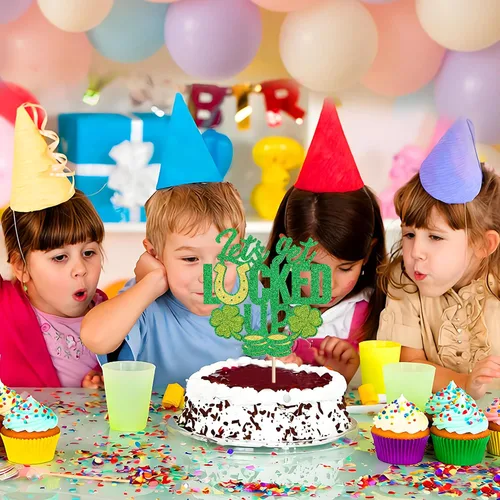Miniatura 5 de Juego de 1 palillos para tartas de trébol, decoración de trébol con purpurina verde dorada para cumpleaños, baby shower, suministros de fiesta