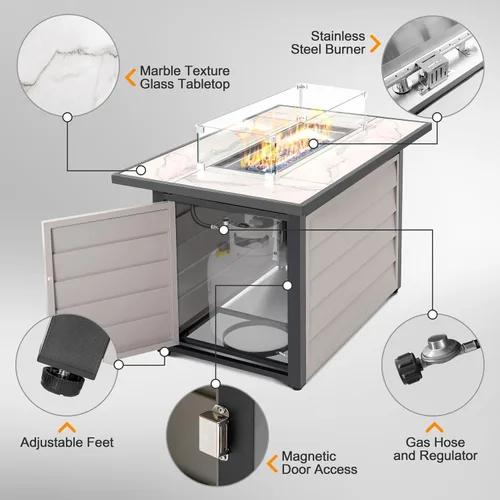 Miniatura 6 de Nuu Garden Mesa para fogata de propano para patio de 43 pulgadas, fogata de gas de 50,000 BTU con parte superior de vidrio texturizado de mármol