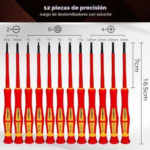 Miniatura 3 de HORUSDY Juego de destornilladores de precisión de 12 piezas, destornilladores eléctricos aislados de 1000 V con puntas magnéticas y tapa superior