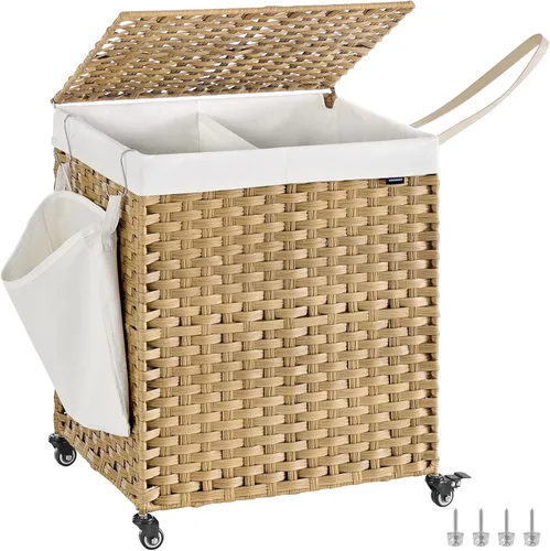 Miniatura 15 de SONGMICS Cesta de lavandería con tapa, 42.3 galones (160 L), cesta de lavandería con ruedas, ratán sintético de 3 secciones, forro extraíble, Gris