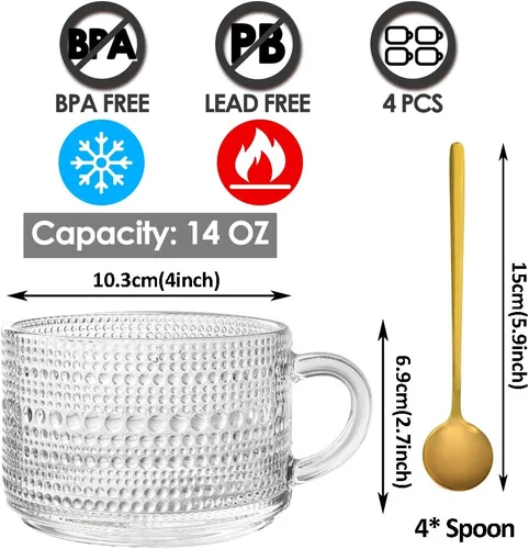 Miniatura 2 de Juego de Tazas de Café de Vidrio Clásico de 4, Tazas de Café de Vidrio Grabadas de 14 Onzas, Tazas de Café Apilables para Cereal, Yogur, Café