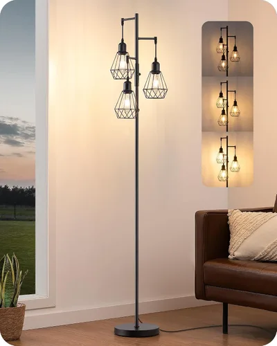 Miniatura 9 de EDISHINE Lámparas de Pie Estilo Granja de 70 Pulgadas para Sala de Estar, Lámparas Industriales Altas de Pie Regulables con 3 Bombillas LED Edison
