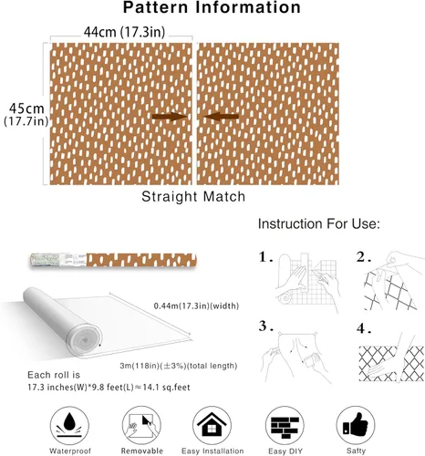 Miniatura 6 de HAOKHOME Papel tapiz para despegar y pegar, diseño de puntos modernos y bohemios, extraíble, para baño, color caramelo/blanco, papel de contacto