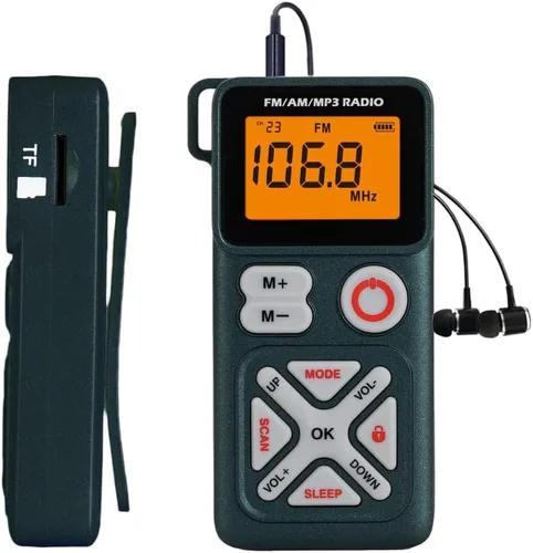 Pocket am FM Radio portátil con auriculares estéreo, mini transistor, sintonización digital con excelente recepción, ranura TF, funciona con batería