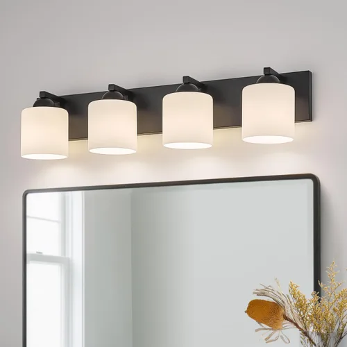 Miniatura 17 de mirrea Lámpara de tocador negra de 1 luz para espejo, aplique de pared de baño con pantallas de vidrio blanco esmerilado