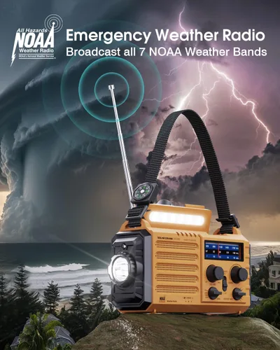 Miniatura 2 de Radio meteorológica de emergencia - Alerta NOAA, manivela solar y manual, alarma SOS, linterna y lámpara de lectura, radio de supervivencia portátil