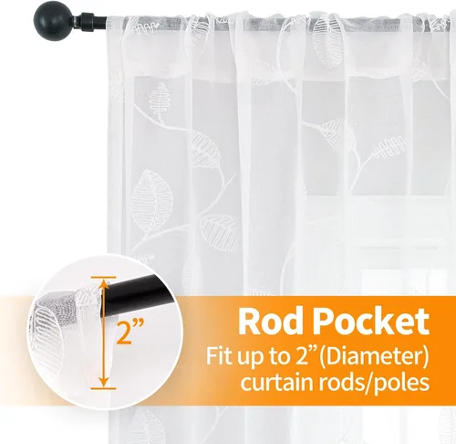Miniatura 4 de YoungsTex Cortinas Transparentes con Diseño de Hojas de 63 Pulgadas de Largo para Ventana de Sala de Estar, Cortinas de Encaje Blanco Ligeras