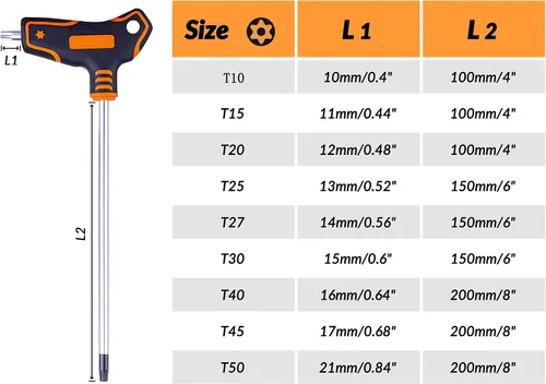 Miniatura 6 de NordWolf Juego de llaves Torx con mango en T de 9 piezas, llaves de estrella de seguridad de brazo largo de acero S2, tamaños T10 a T50 en caja