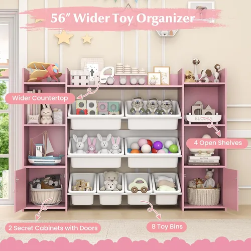 Miniatura 4 de HONEY JOY Organizador de almacenamiento de juguetes para niños, armario de almacenamiento de piso de madera con 8 contenedores extraíbles, estante