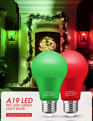 Miniatura 3 de Bombillas de Luz Roja y Verde Woxeon [Paquete de 4] – Bombillas LED A19 Rojas y Verdes de 9W (Equivalente a 60W) – Bombilla de Luz de Color con Base