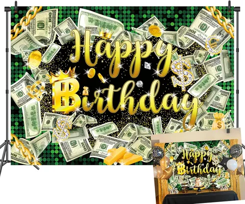 Miniatura 8 de Fondo de cumpleaños de 5 x 3 pies para fiesta de dinero, fondo de billetes de dólar, telón de fondo de hip hop, para niños, niñas y hombres
