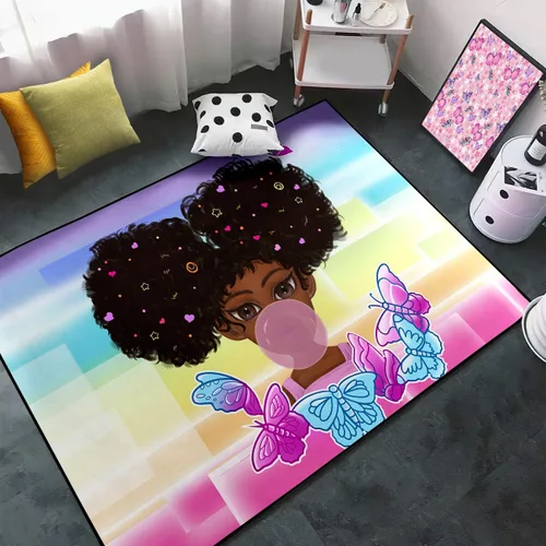 Miniatura 28 de Alfombra de área para dormitorio de niñas negras africanas, alfombra para sala de estar, sala de juegos, azul, lindo anime de dibujos animados