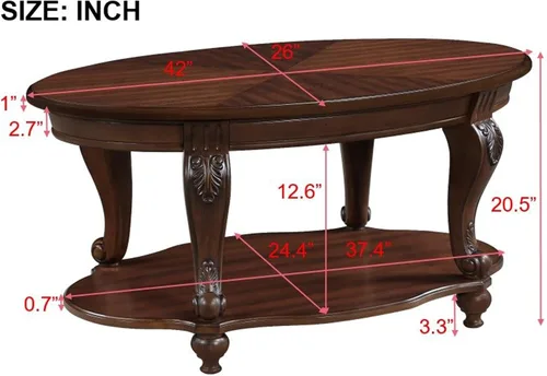 Miniatura 3 de Mesa de café ovalada de madera para sala de estar, mesa de café de dos niveles de madera maciza con estante de almacenamiento abierto, mesa