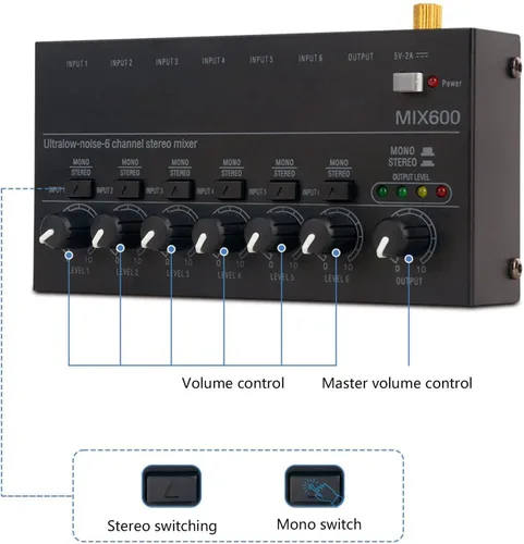 Miniatura 3 de Mezclador de sonido, mezclador de audio profesional, consola de tablero de sonido de bajo ruido, 6 canales, mezclador de línea estéreo para clubes